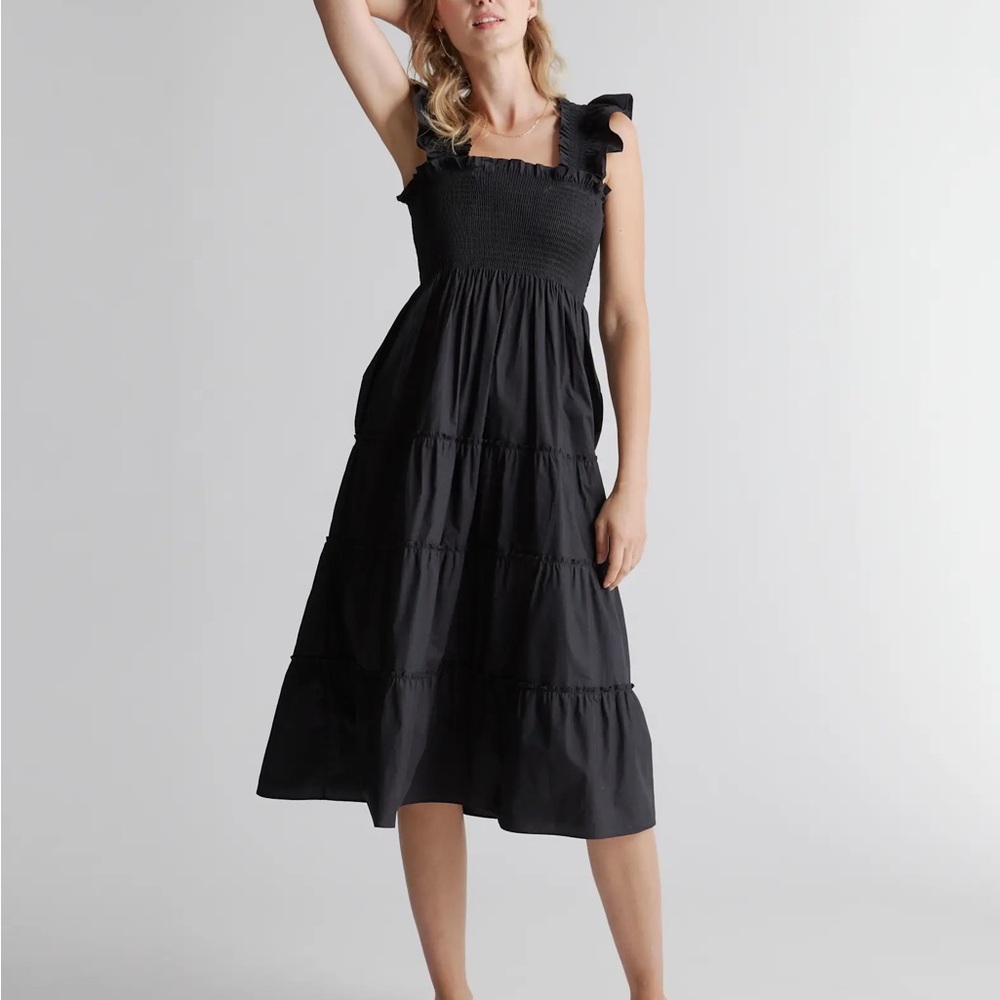 NWT Quince 100% Organic Cotton Poplin Smocked Midi Dress- Black Size L. - Picture 2 of 10